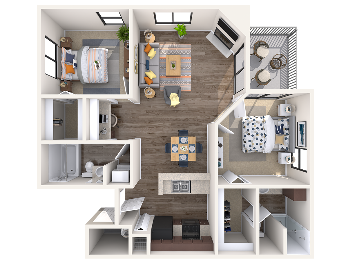 Floor plan for 2 beds, 2 baths, 961 sqft